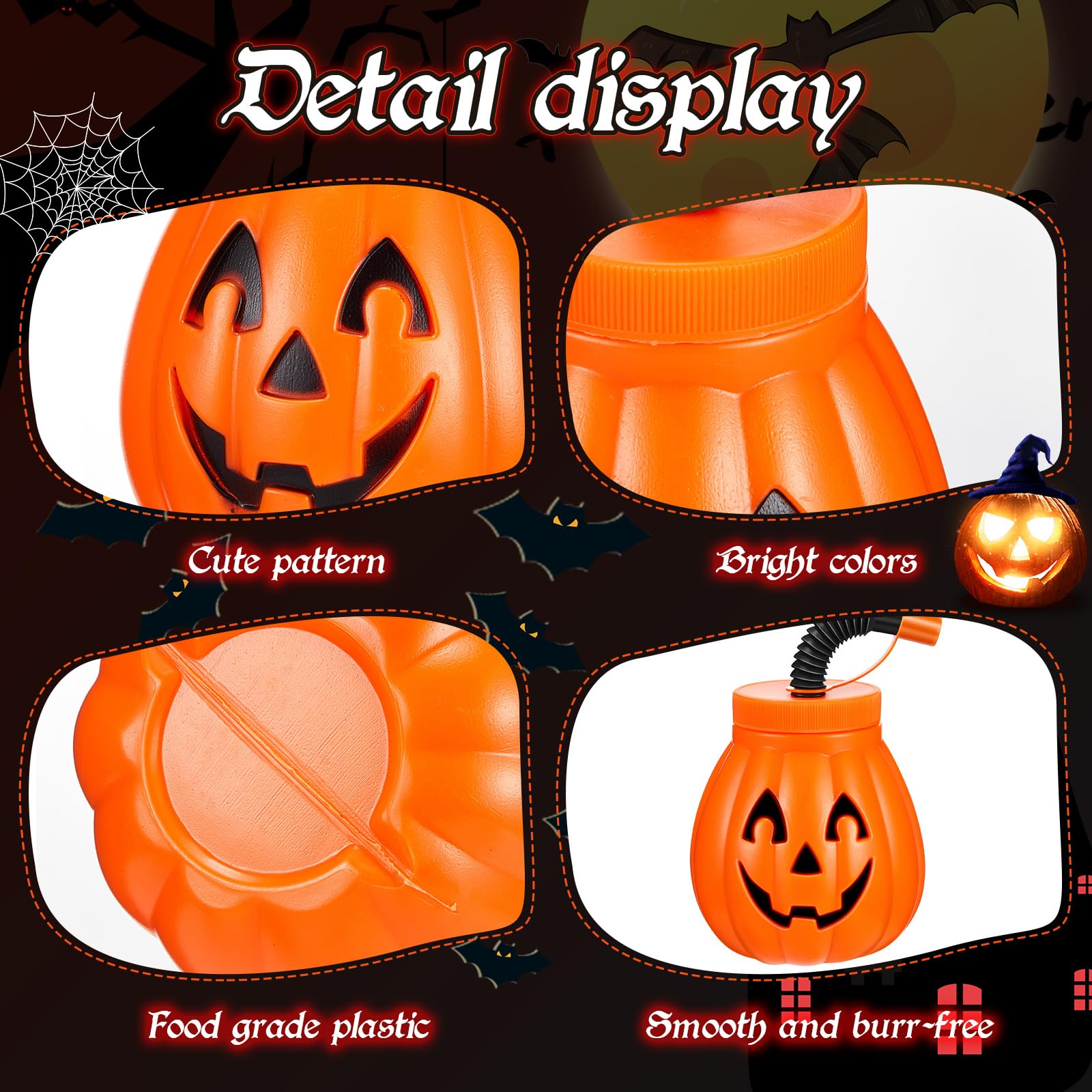 Yaomiao 12 Pack Halloween Cups Reusable Pumpkin Plastic Cups with Straw and Lids 12 Oz Orange Drinking Cups for Halloween Themed Birthday Party Pumpkin Decoration Gifts