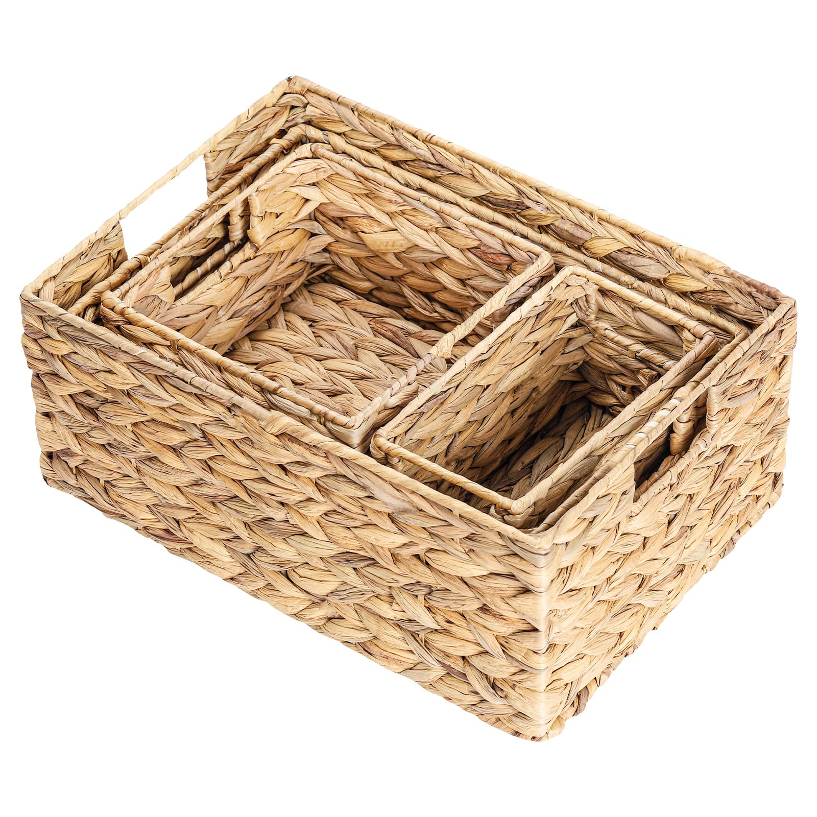 MOOACE Wicker Storage Baskets Set of 4, Water Hyacinth Storage Baskets for Organizing, Woven Storage Basket for Shelves, With Built-In Handles