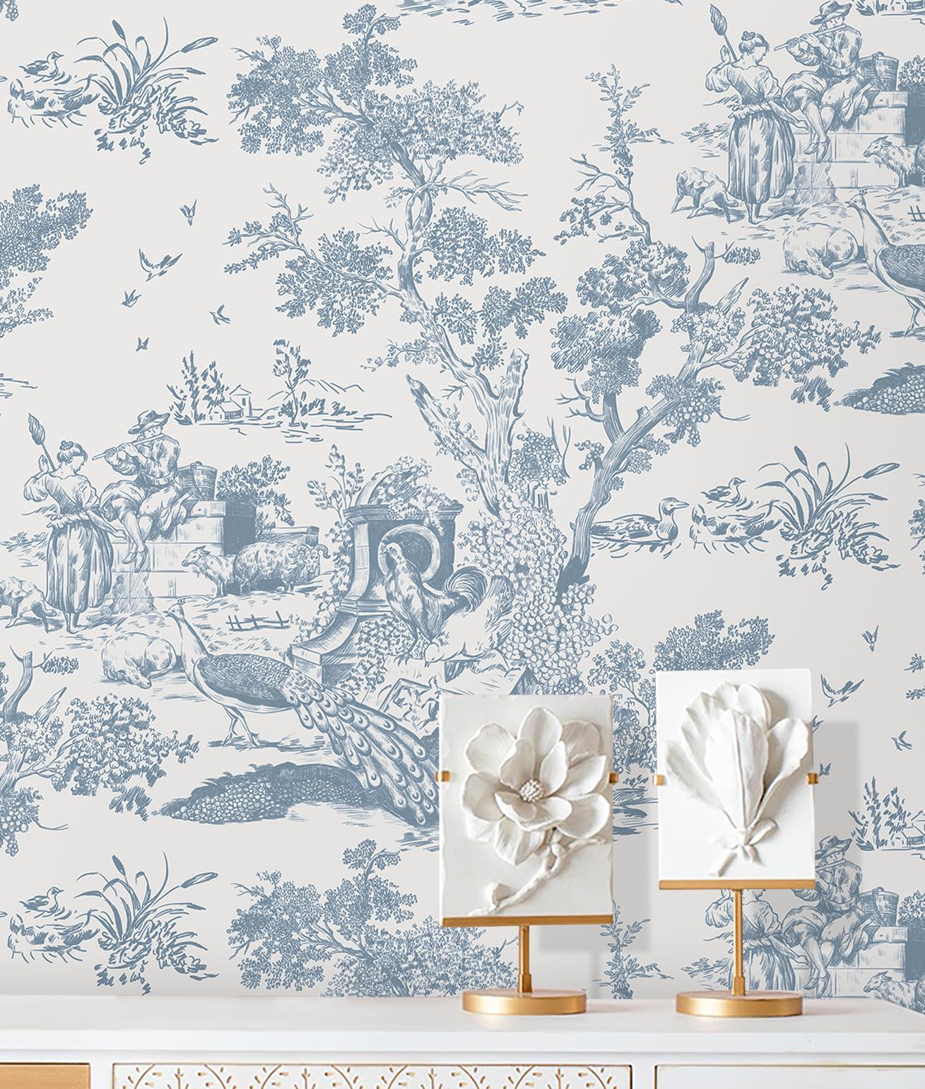 Peel and Stick Wallpaper Blue and White Wallpaper Toile Removable Self-Adhesive Wallpaper for Bedroom Bathroom Vintage Contact Paper for Walls Covering 16In×78.7In