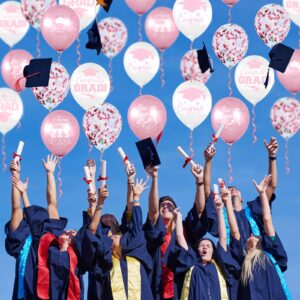 Whaline 60Pcs Graduation Party Balloon Set 7 Designs Confetti Latex Balloon with 2 Rolls Ribbon Grad Cap Congrats Grad Balloon for Graduation Party Decoration Supplies (Pink, White)