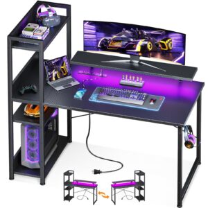 odk reversible gaming desk with usb charging port and led lights, 40 inch computer desk with storage shelves & monitor stand, study table for home office, small space bedroom, carbon fiber black