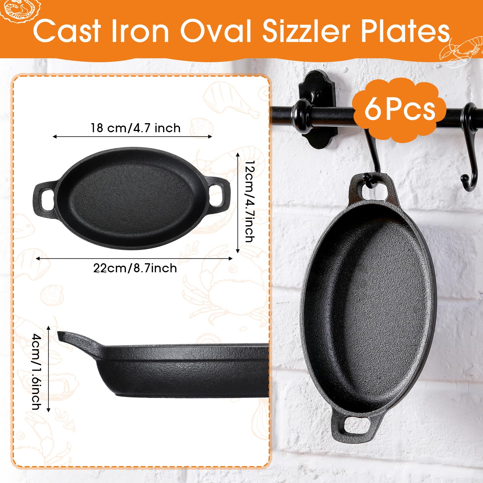 Mifoci 6 Pcs 16 oz 8.7'' x 4.7'' Oval Serving Dish Mini Cast Iron Skillet Cast Iron Baking Pan Sizzling Plate Matte Black Gratin Cookware for Home Restaurant Kitchen Food Service Barbecue