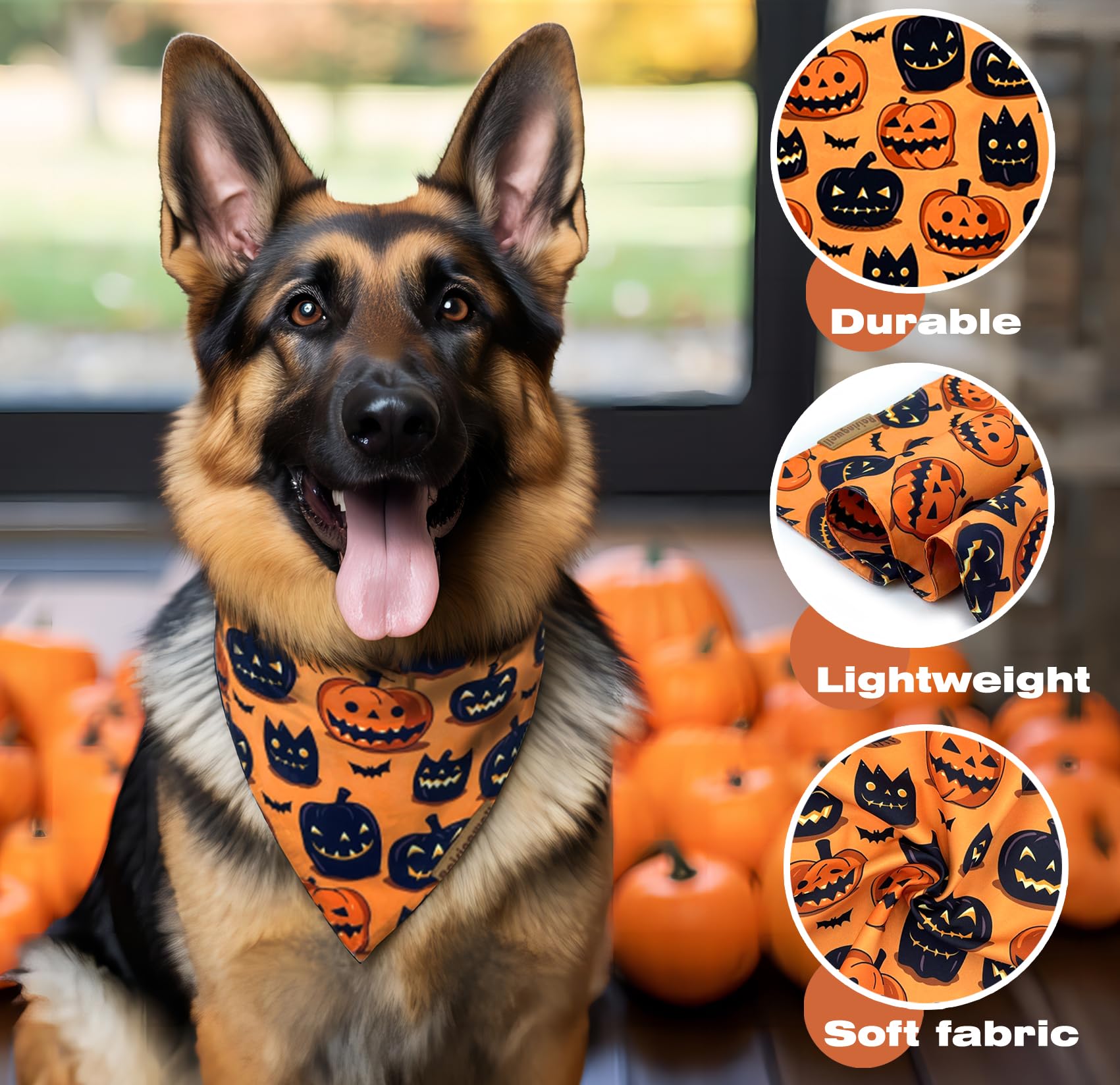 Raisingwell Halloween Dog Bandanas 2 Pack Bat Pumpkin Pattern Dog Bibs Reversible Washable Durable Fall Dog Scarf Suitable for Small to X- Large Breed Dog Boy and Girl (Large)