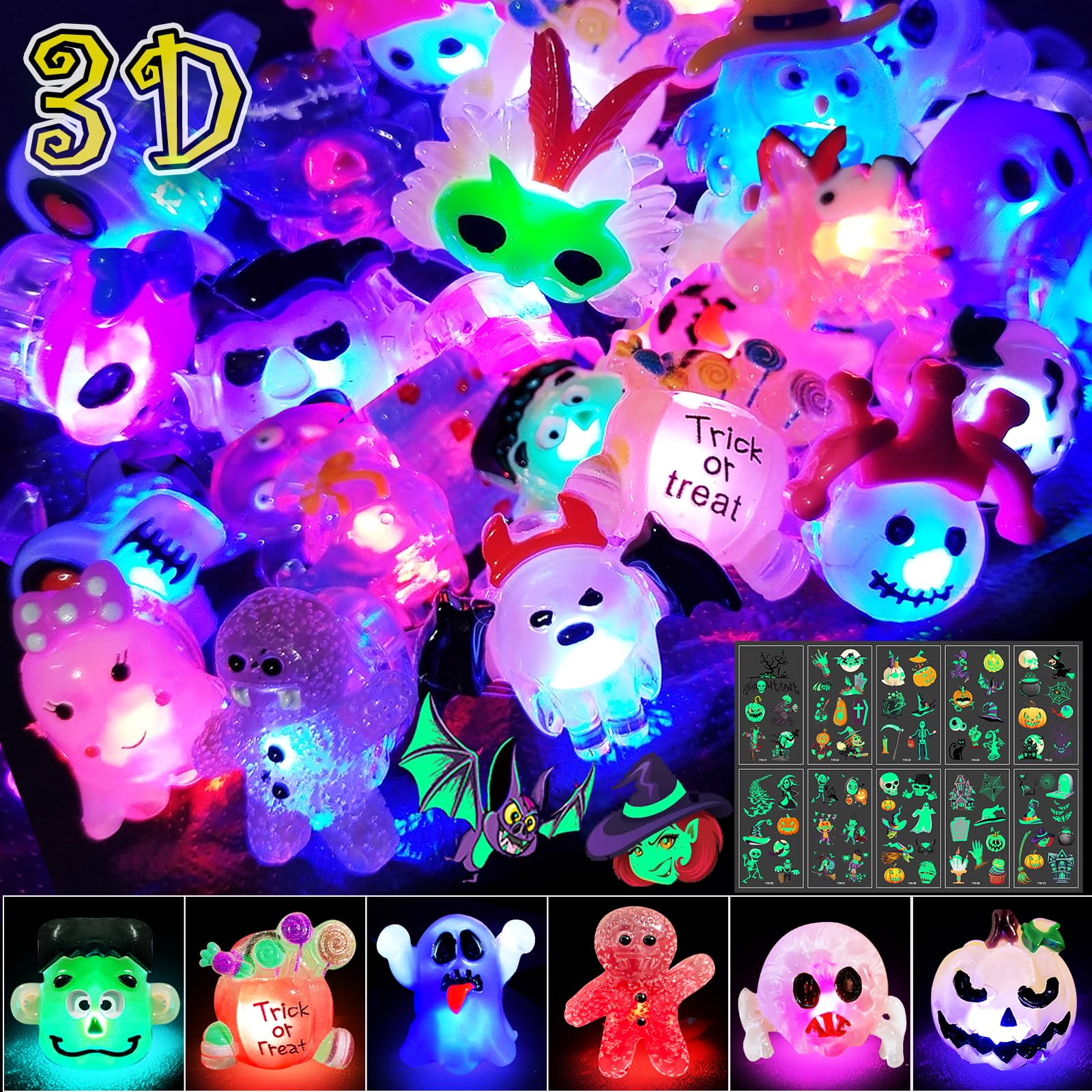 38Pcs Halloween Party Favors for Kids, 3D Light Up Rings Bulk Toys Halloween Treats Non Candy, 28 Led Flashing Rings & 10 Luminous Tattoos, Halloween Goodie Bag Fillers Glow In The Dark Party Supplies