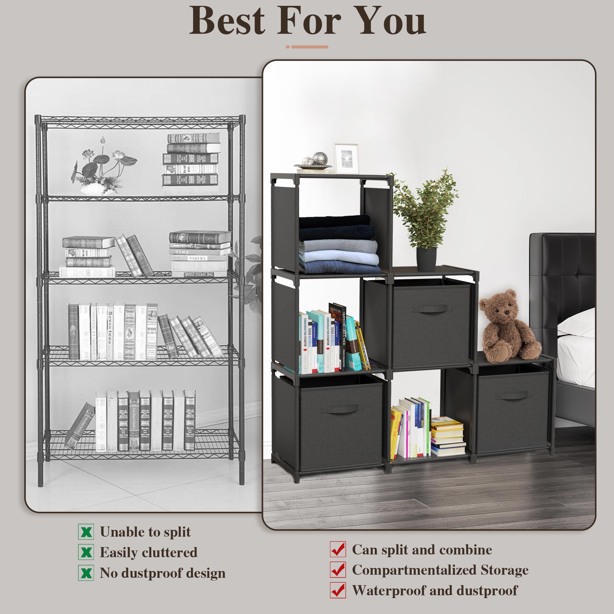 Iwaiting Outdoor 6 Cube Storage Organizer, Cube Storage Shelf with 6 Extra Drawers, Strong Load-Bearing Capacity, Portable Shelves for Bedroom, Living Room, Home, Office