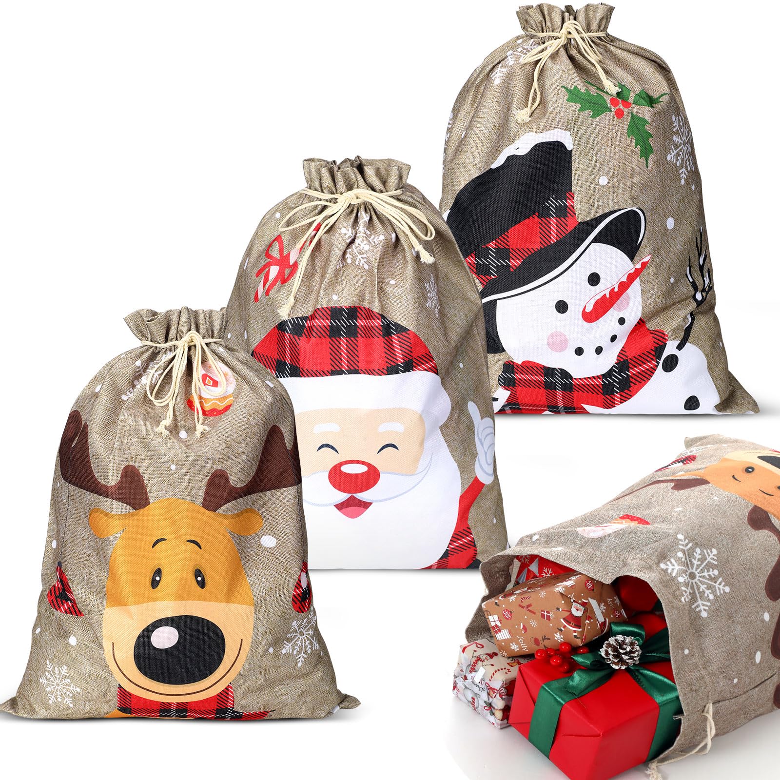 Paterr 3 Pack Christmas Burlap Gift Bags with Drawstring 26 x 20 Inch Large Christmas Gift Bags Snowman Reindeer Santa Claus Sack Holiday Bags for Candy Treat Goodie Wrapping Xmas Party Supplies