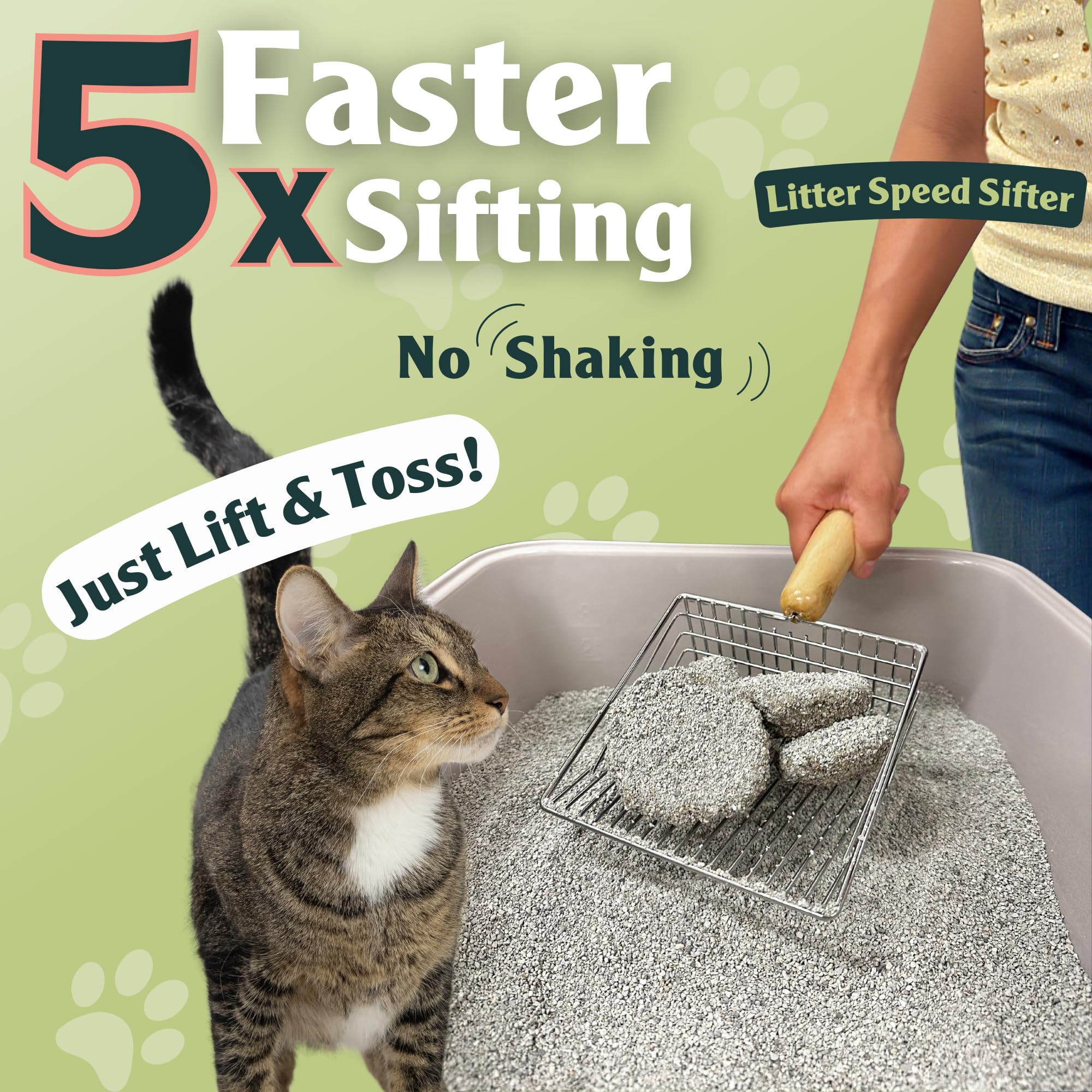 Sprinkle & Sweep Cat Litter Scoop - Heavy Duty Litter Scooper & Speed Sifter with Comfortable Beech Wood Grip - Metal Cat Litter Scoop, Washable Convenient Stand for Easy and Efficient Cleaning