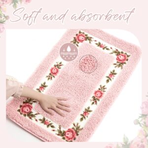 Drydiet 2 Pcs Rose Flowers Coquette Bathroom Rugs Set Coquette Bathroom Bedroom Living Room Decor,Floral Flower Rugs for Bedroom Non Skid Absorbent Romantic Rose Flower Area Rugs 2 Shapes(Pink,Small)