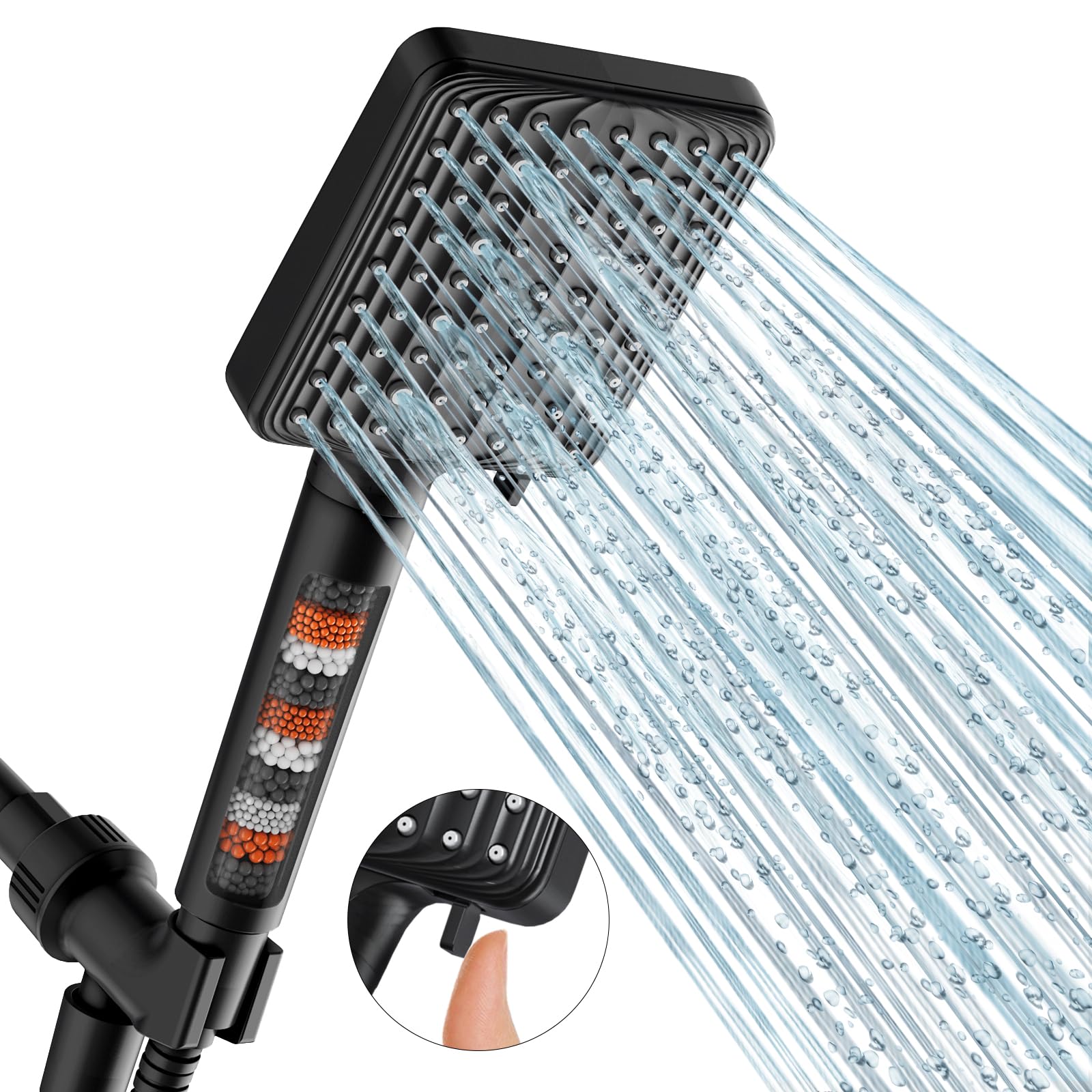 MakeFit Filtered Shower Head Black - 6 Modes High Pressure Handheld Shower Head with Filter Mineral Beads, Detachable Handheld Showerhead Set with Stainless Steel Hose and Shower Arm Bracket