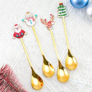 Acewen 4Pcs Christmas Coffee Spoons Santa Claus Christmas Tree Snowman Elk Stainless Steel Gold Spoons for Coffee Dessert Cake Tea Soup Dinner Tableware Practical Xmas Gift