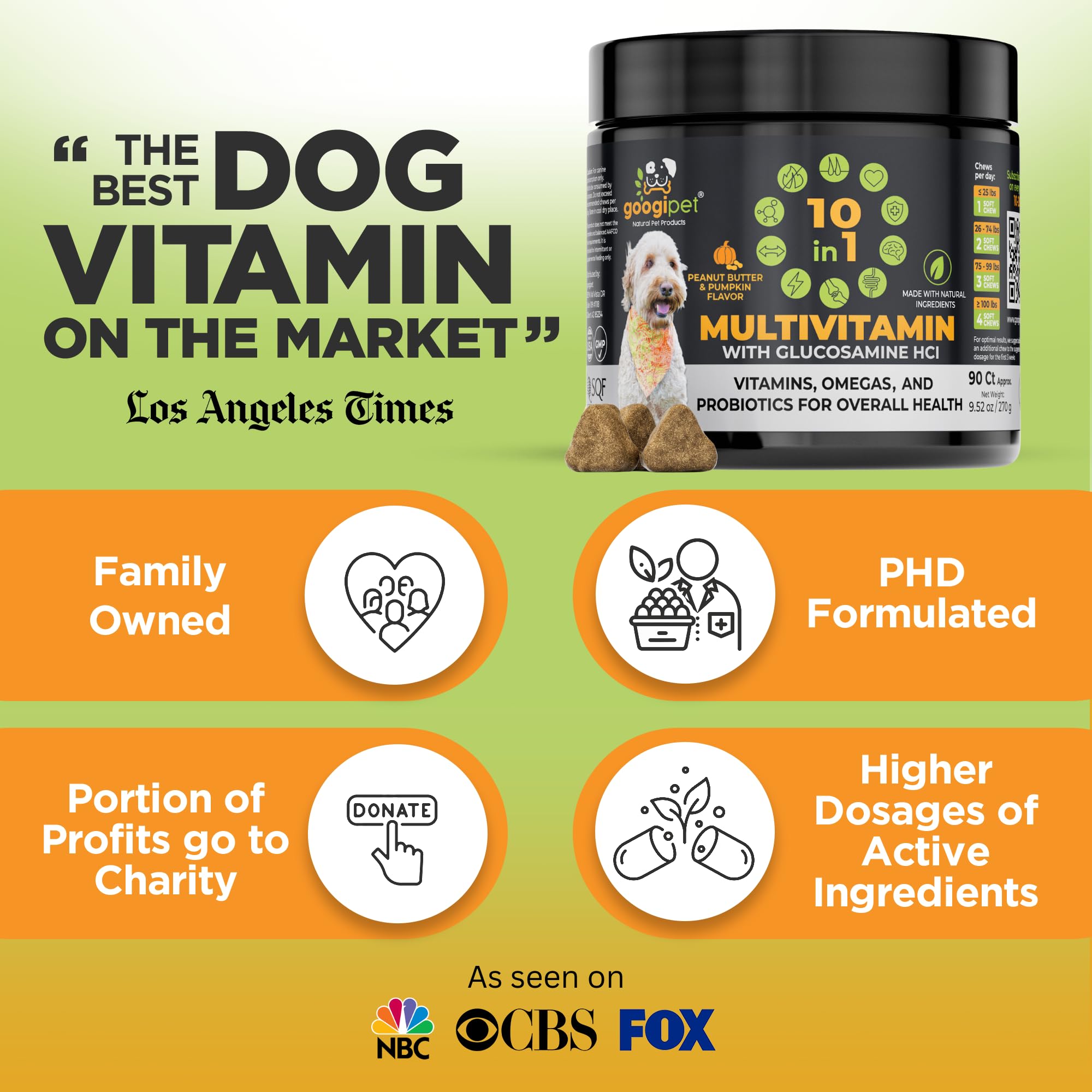 Googipet Premium 10 in 1 Dog Vitamins Multivitamin Chewable w/Dog Probiotics for Gut Health, Dog Vitamins and Supplements w/Vitamin C & Glucosamine for Joint Support (Peanut Butter & Pumpkin Flavor)