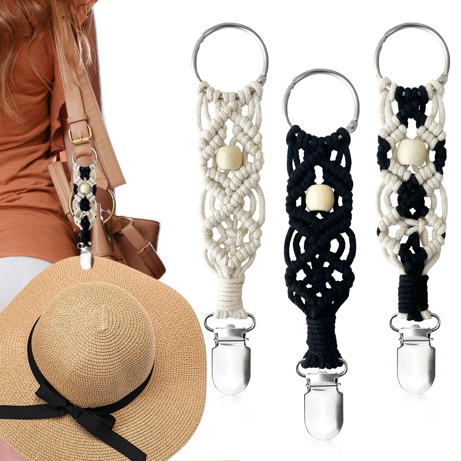 3Pcs Hat Clips for Travel on Bag, Bohemia Hat Holder for Travel, 3 Colours for Multiple Occasions and Different Combinations of Bags and Hats Black White