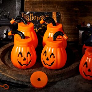 Yaomiao 12 Pack Halloween Cups Reusable Pumpkin Plastic Cups with Straw and Lids 12 Oz Orange Drinking Cups for Halloween Themed Birthday Party Pumpkin Decoration Gifts