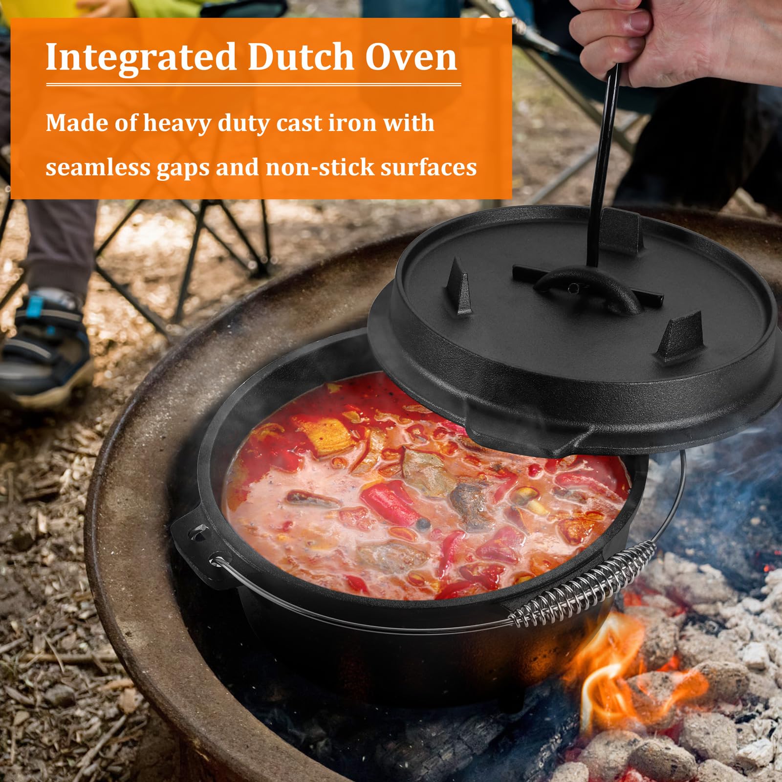 5QT Dutch Oven Camping, Leonyo 2 in 1 Camping Dutch Oven, Cast Iron Dutch Oven for Outdoor Camping, Heavy Duty & Pre-Seasoned Deep Pot for Sourdough Bread Baking, Campfire Cooking