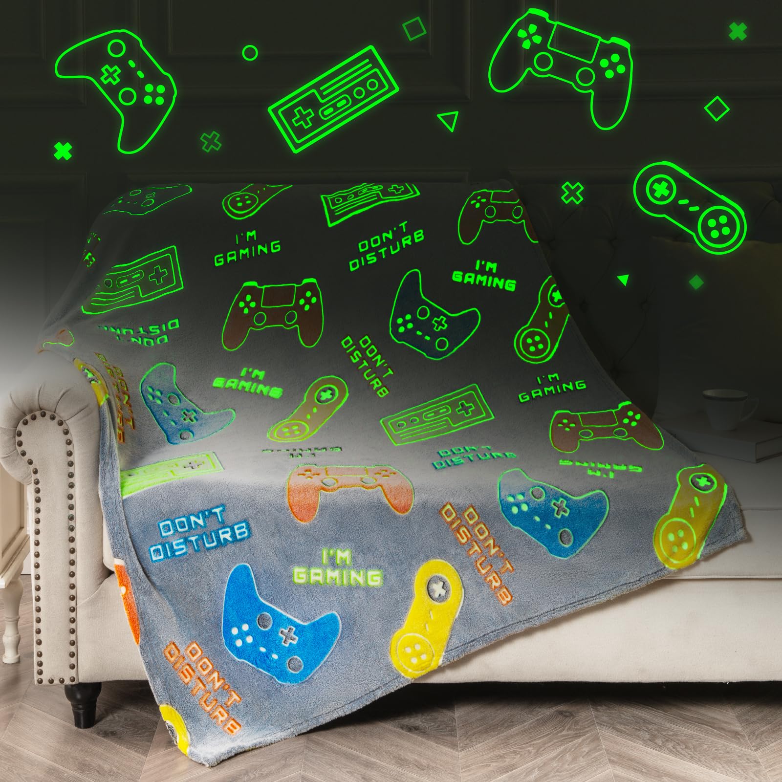 Glow in The Dark Gamer Gaming Blanket Gifts Toys for Kids Boys 1-14 Years Old Birthday Christmas Valentine's Gift Toddler Teens Boyfriends Game Controller Presents Throw Game Room Decor Grey 50"x 60"