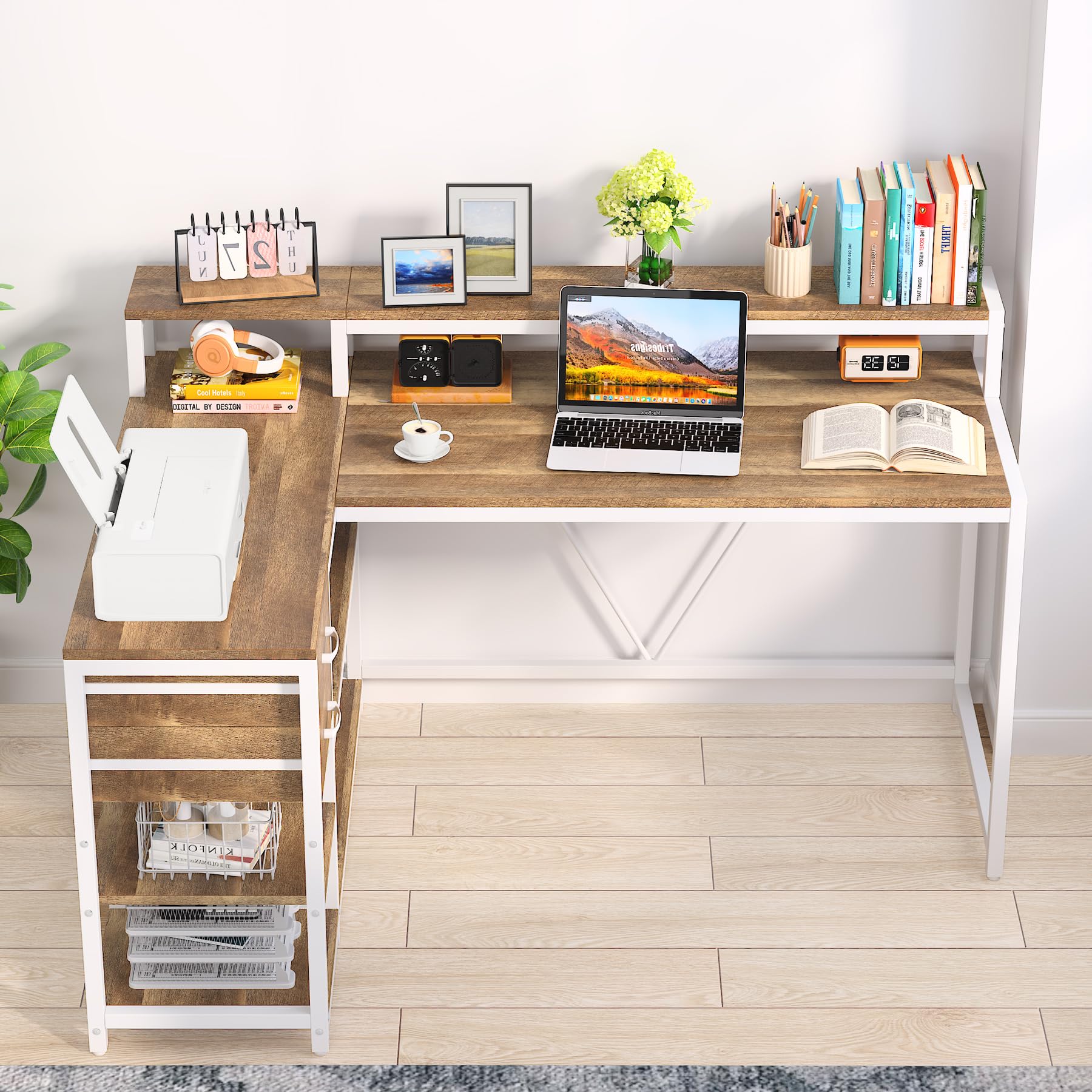 Tribesigns Reversible 55-inch L Shaped Desk with Drawer, Modern L Corner Desk Home Office Table with Storage Shelves and Monitor Stand, Rustic Wooden and Metal PC Table for Small Space (Oak)