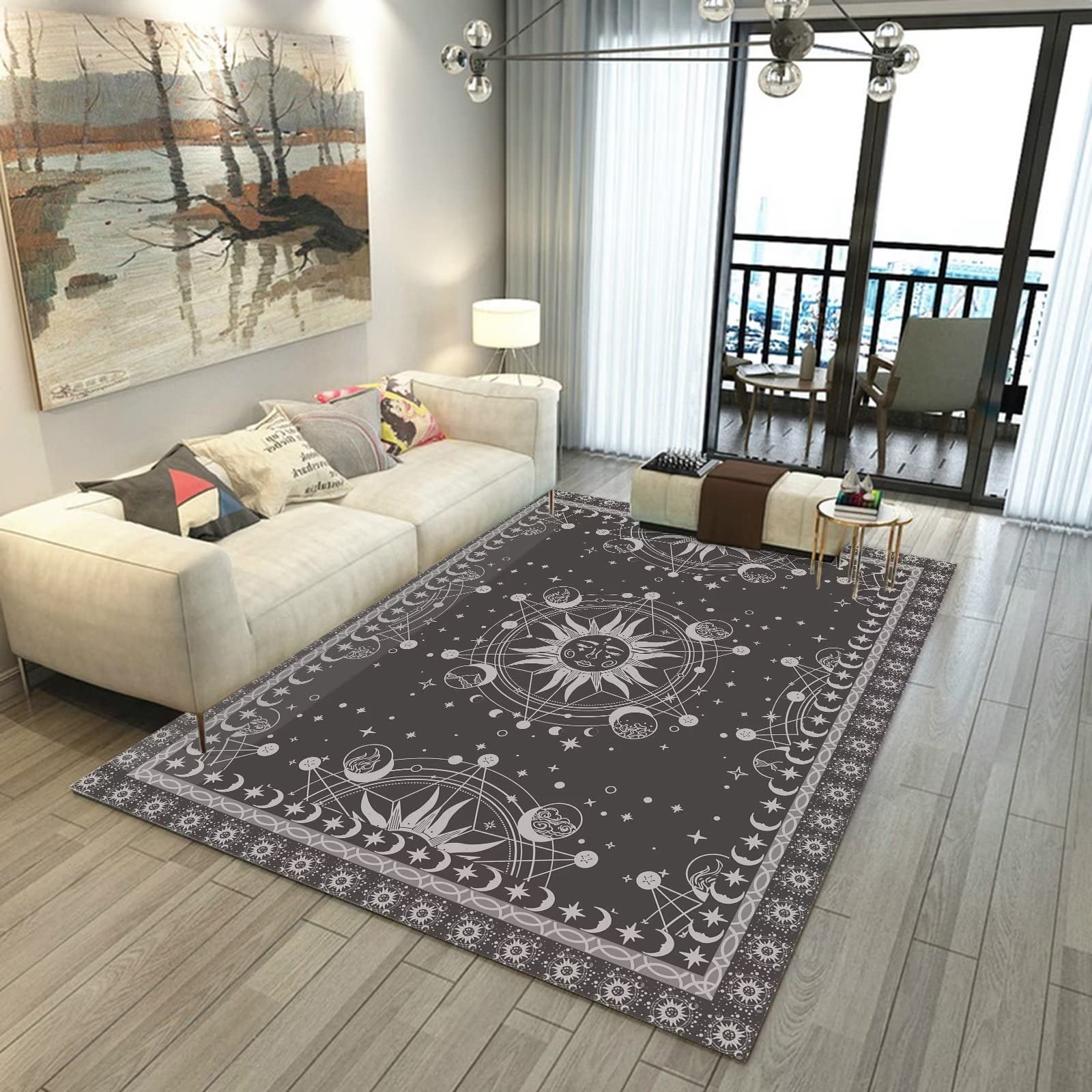 CERYUEE Sun and Moon Rug Boho Area Rugs for Bedroom Dorm Living Room Bohemian Celestial Occult Crescent Solar Stars Galaxy Floor Mat Pad Doormat Carpet,63'' X 31'',Tundora