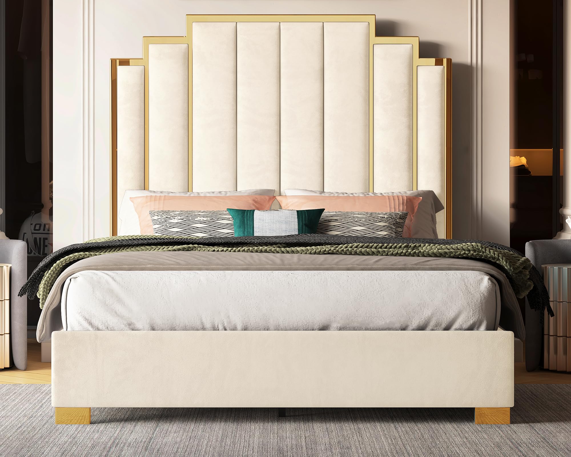 Albott Queen Size Platform Bed Frame, 61.4" Velvet Upholstered Bed with Gold Trim Headboard/Wooden Slats/No Box Spring Needed/Cream