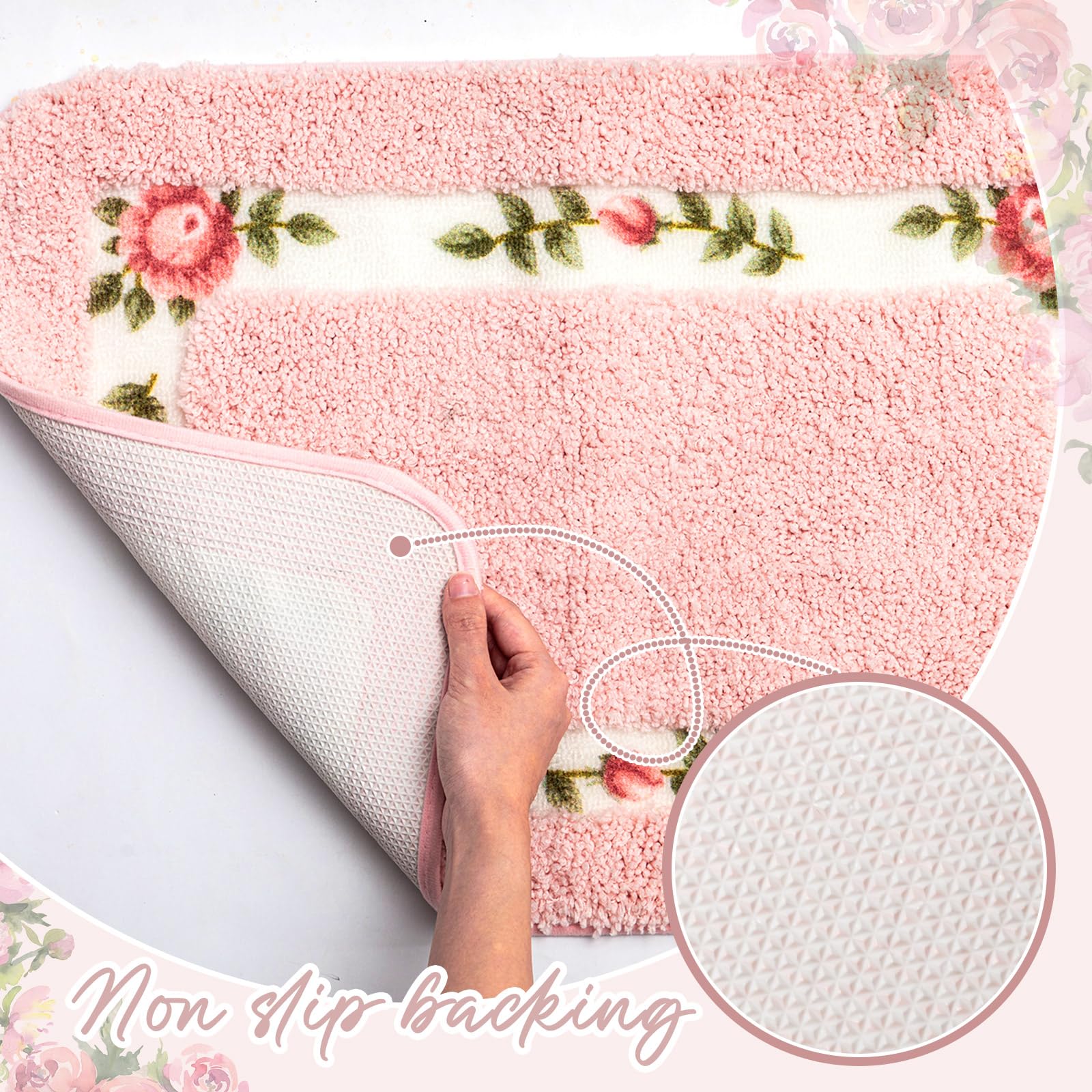 3 Pcs Rose Flowers Coquette Bathroom Rugs Set Coquette Rug Bathroom Bedroom Living Room Carpet, Floral Flower Rugs for Bedroom Non Skid Absorbent Romantic Rose Flower Area Rugs 3 Shapes(Pink)