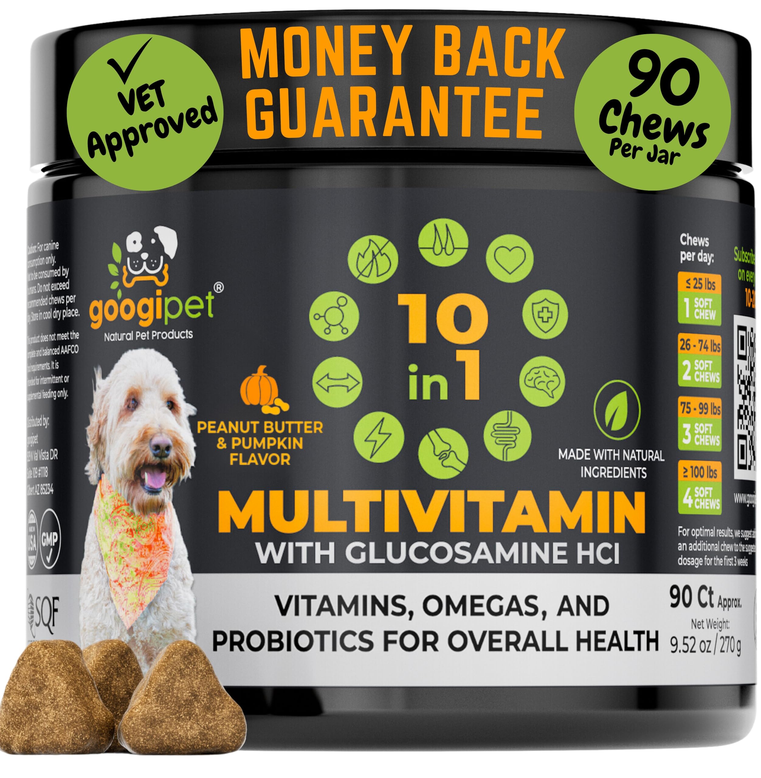 Googipet Premium 10 in 1 Dog Vitamins Multivitamin Chewable w/Dog Probiotics for Gut Health, Dog Vitamins and Supplements w/Vitamin C & Glucosamine for Joint Support (Peanut Butter & Pumpkin Flavor)