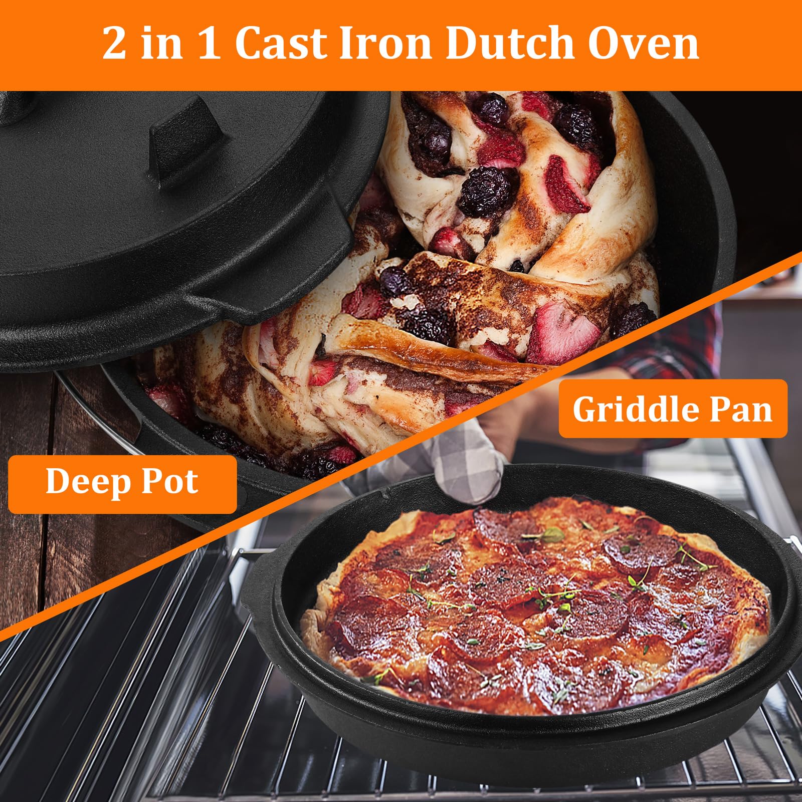 5QT Dutch Oven Camping, Leonyo 2 in 1 Camping Dutch Oven, Cast Iron Dutch Oven for Outdoor Camping, Heavy Duty & Pre-Seasoned Deep Pot for Sourdough Bread Baking, Campfire Cooking