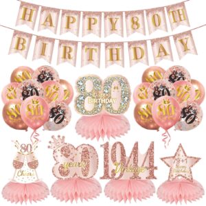 kircirx 80th birthday decorations for women, pink rose gold happy 80th birthday banner balloons honeycomb centerpieces kit party supplies, vintage 1944 eighty bday banner balloons table centerpieces