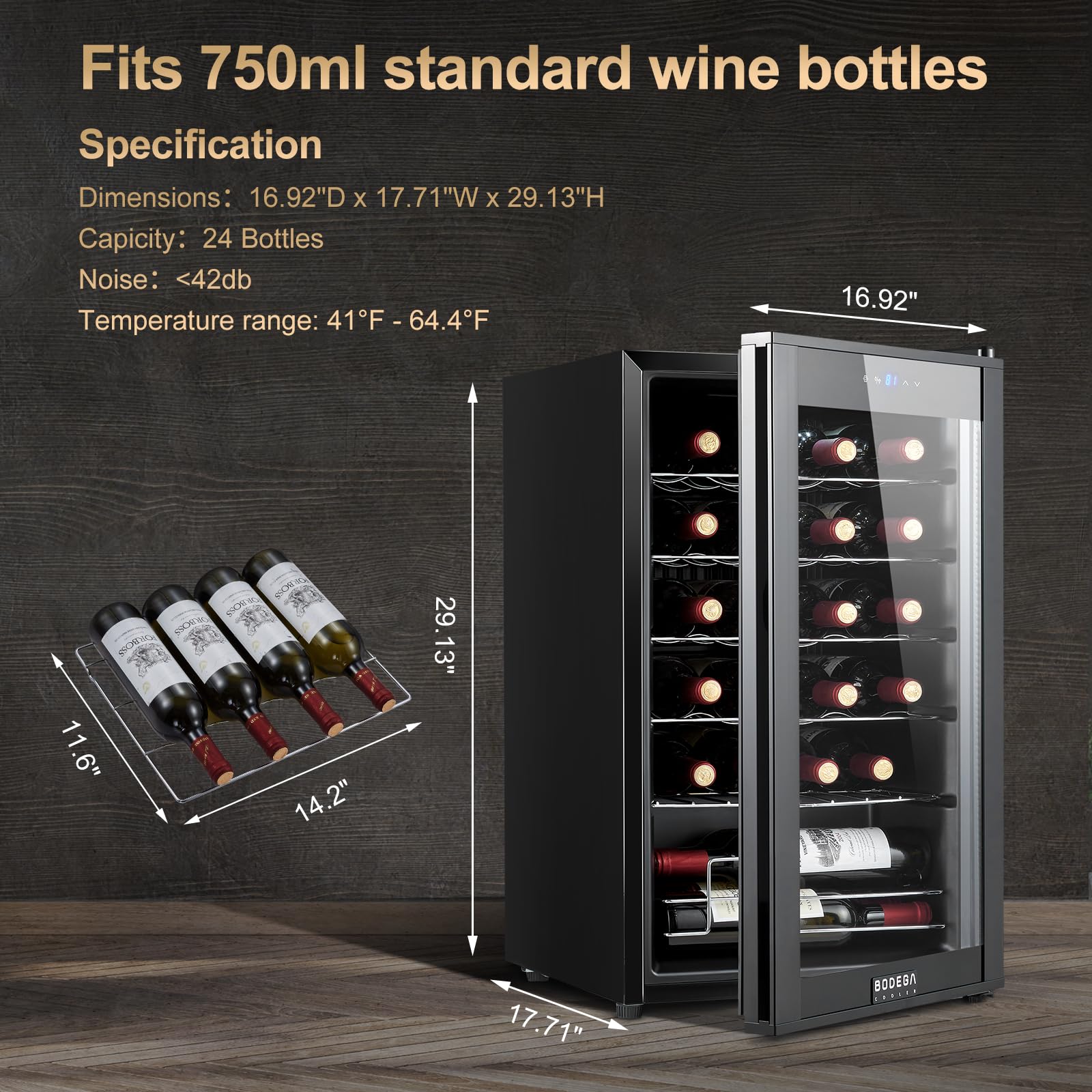 BODEGACOOLER 24 Bottle wine fridge, Compressor Wine Cooler for Red, White or Champagne, Mini Fridge with 41-64.4°F Digital Temperature Control, Wine cooler for home.