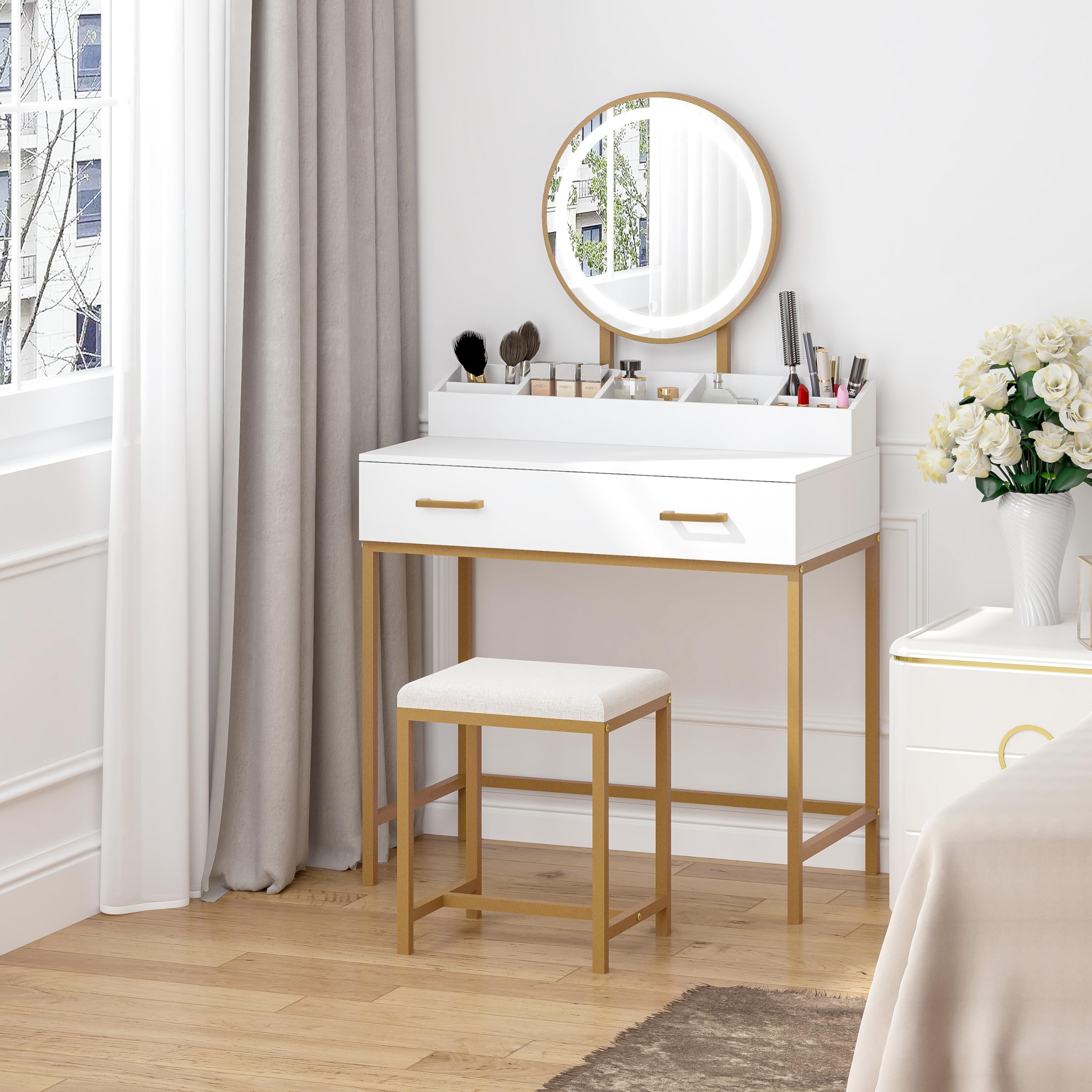 UTEX Makeup Vanity Desk with Mirror and Lights, Makeup Vanity Set with Drawers, Small Makeup Vanity Table, 3 Lighting Modes Dresser Desk and Cushioned Stool Set for Bedroom White and Gold