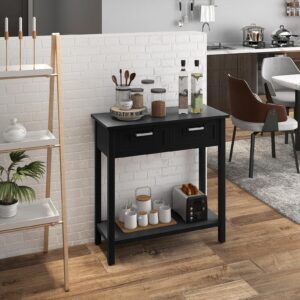 GOFLAME Console Table with Storage, Wooden Small Entryway Table with 2 Drawers, Open Storage Shelf, Rubber Wood Legs, Modern Entry Table, Narrow Sofa Table for Living Room, Hallway, Entrance (Black)