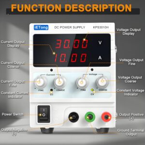 DC Bench Power Supply Variable, Adjustable Power Supply 30V 10A,Coarse and Fine Adjustment for Anodizing Kit,Electroplating,Battery Powered