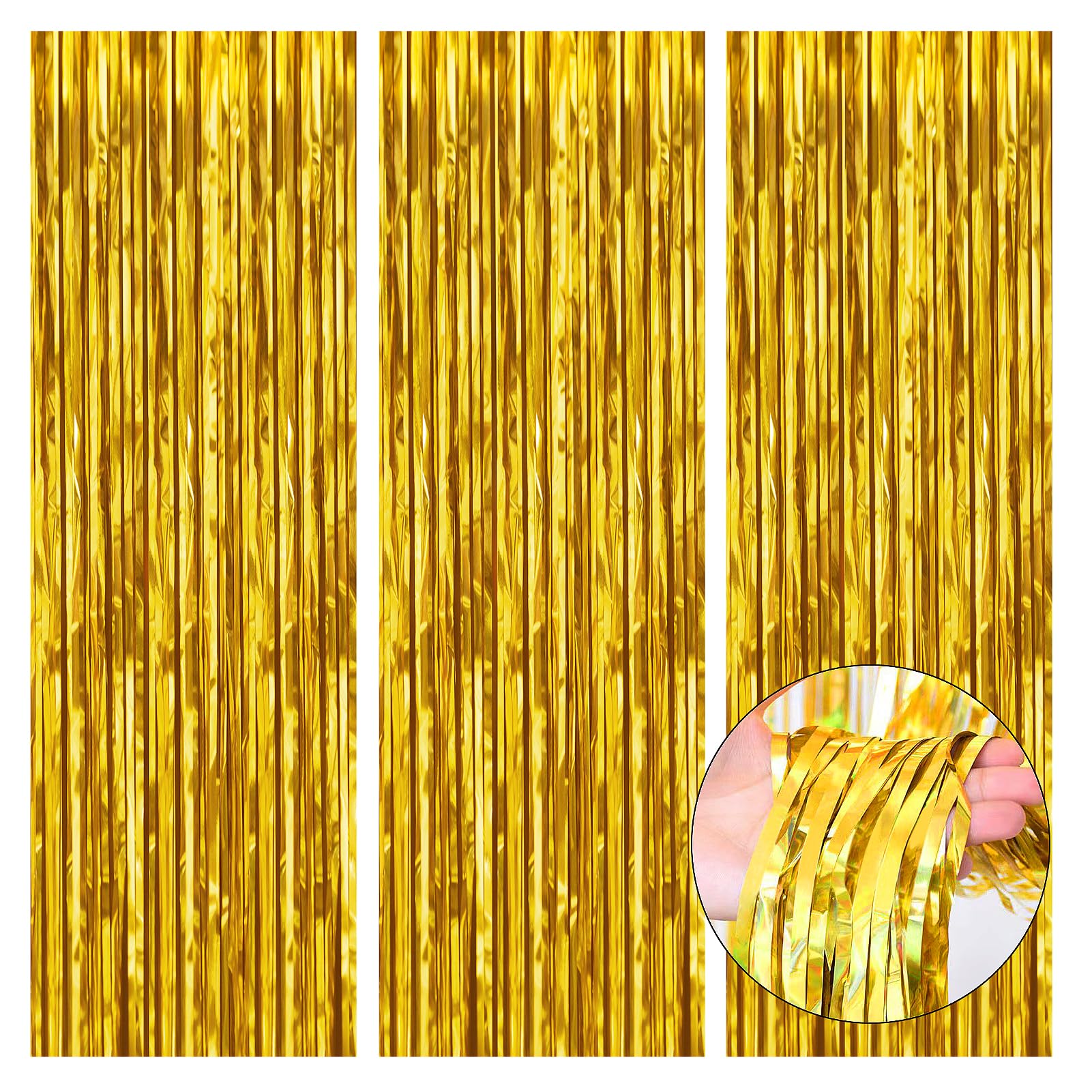 3 Pack Party Backdrop Decorations, 3.28 x 9.84 ft Gold Birthday Backdrop Tinsel Curtain Backdrop Birthday Decor Party Streamers Party Supplies for Birthday Wedding Graduation Bachelor Party