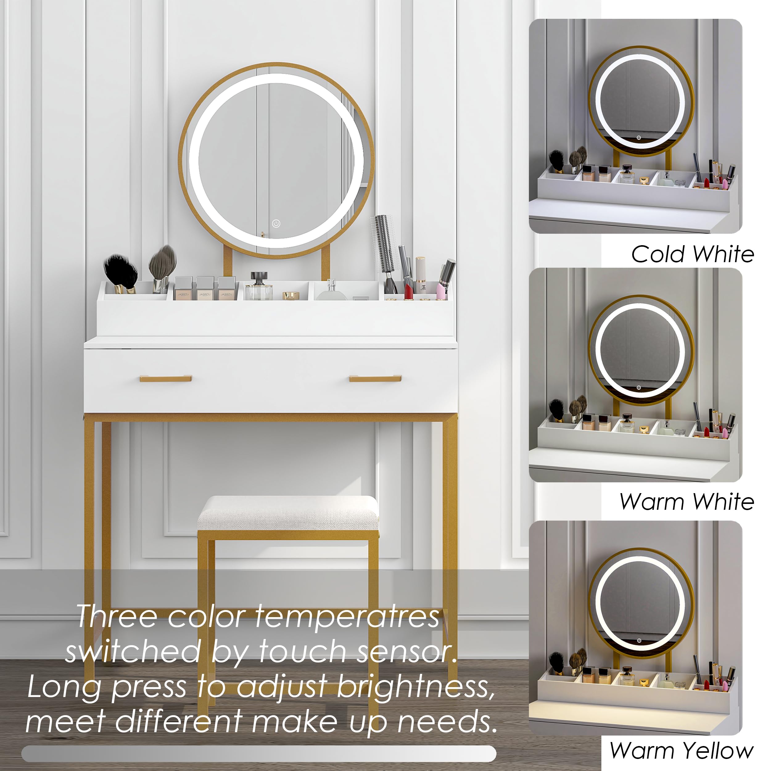 UTEX Makeup Vanity Desk with Mirror and Lights, Makeup Vanity Set with Drawers, Small Makeup Vanity Table, 3 Lighting Modes Dresser Desk and Cushioned Stool Set for Bedroom White and Gold