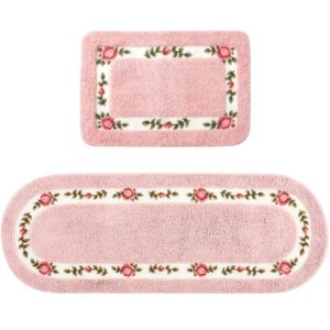 drydiet 2 pcs rose flowers coquette bathroom rugs set coquette bathroom bedroom living room decor,floral flower rugs for bedroom non skid absorbent romantic rose flower area rugs 2 shapes(pink,small)