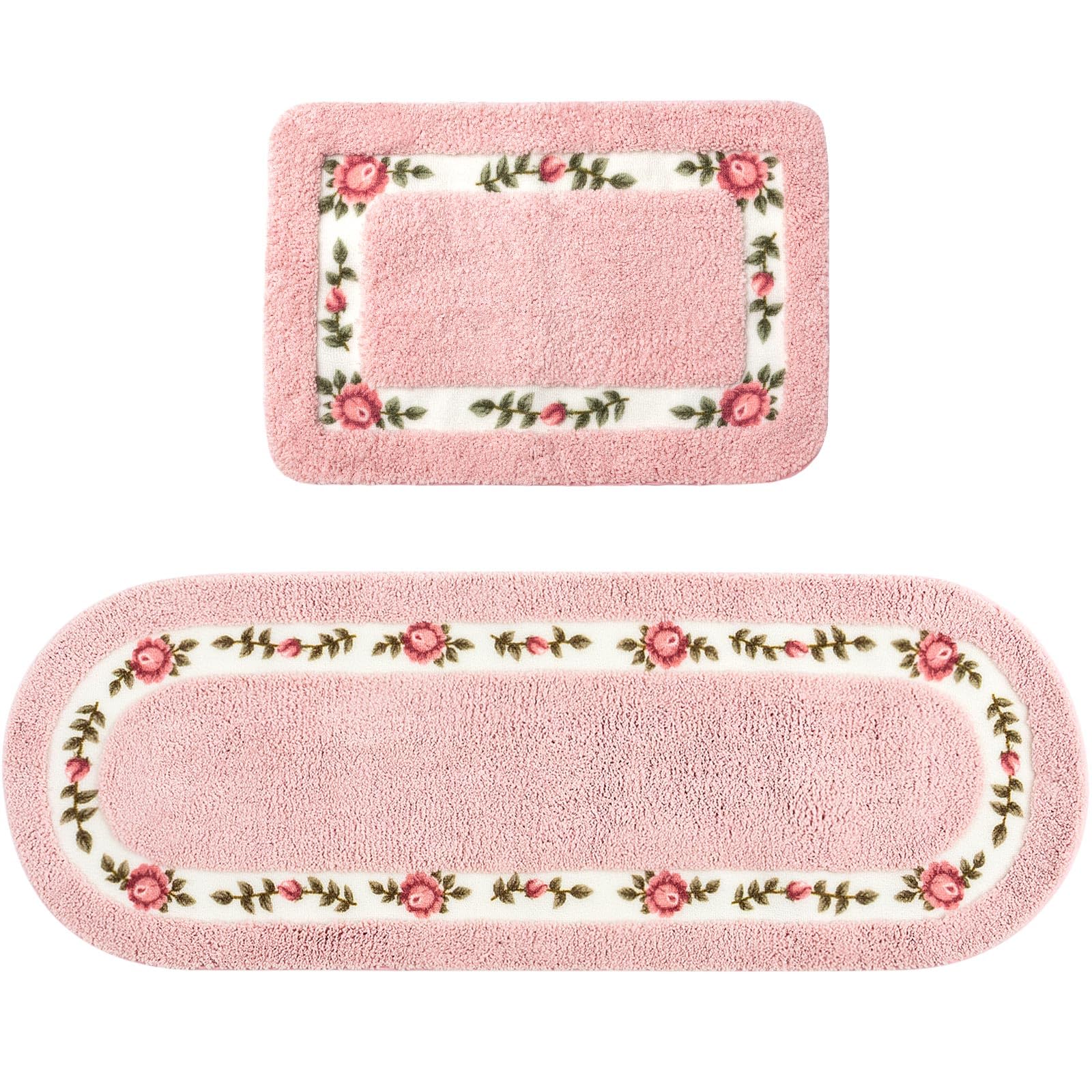 Drydiet 2 Pcs Rose Flowers Coquette Bathroom Rugs Set Coquette Bathroom Bedroom Living Room Decor,Floral Flower Rugs for Bedroom Non Skid Absorbent Romantic Rose Flower Area Rugs 2 Shapes(Pink,Small)