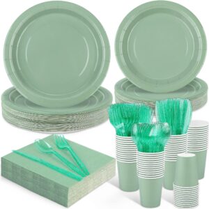 durony 350 pcs sage green party tableware set for 50 guests include 7, 9 inch paper dessert plates napkins cups forks cutlery disposable for bridal shower wedding birthday party decorations supplies