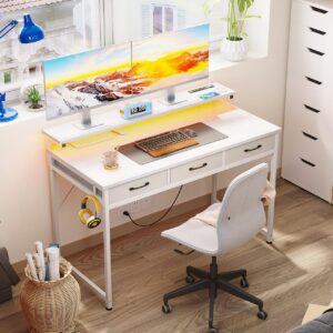 ODK 48 Inch Computer Desk with 3 Drawers and USB Power Outlets, Home Office Desks with LED Lights and Adjustable Monitor Stand, Work from Home, Modern Work/Writing/Study Table for Bedroom, White