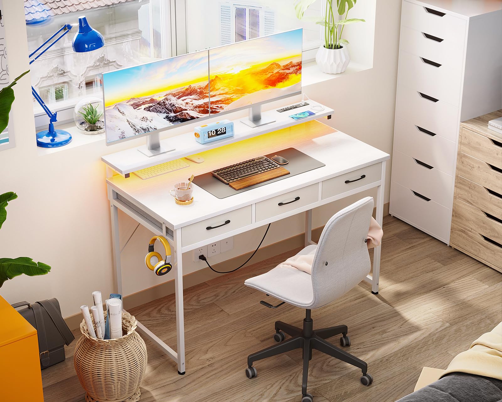 ODK 48 Inch Computer Desk with 3 Drawers and USB Power Outlets, Home Office Desks with LED Lights and Adjustable Monitor Stand, Work from Home, Modern Work/Writing/Study Table for Bedroom, White