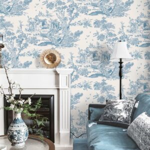 Peel and Stick Wallpaper Blue and White Wallpaper Toile Removable Self-Adhesive Wallpaper for Bedroom Bathroom Vintage Contact Paper for Walls Covering 16In×78.7In