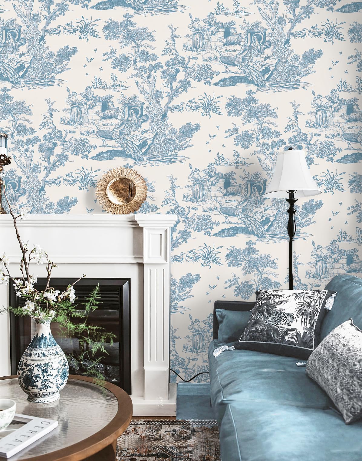 Peel and Stick Wallpaper Blue and White Wallpaper Toile Removable Self-Adhesive Wallpaper for Bedroom Bathroom Vintage Contact Paper for Walls Covering 16In×78.7In