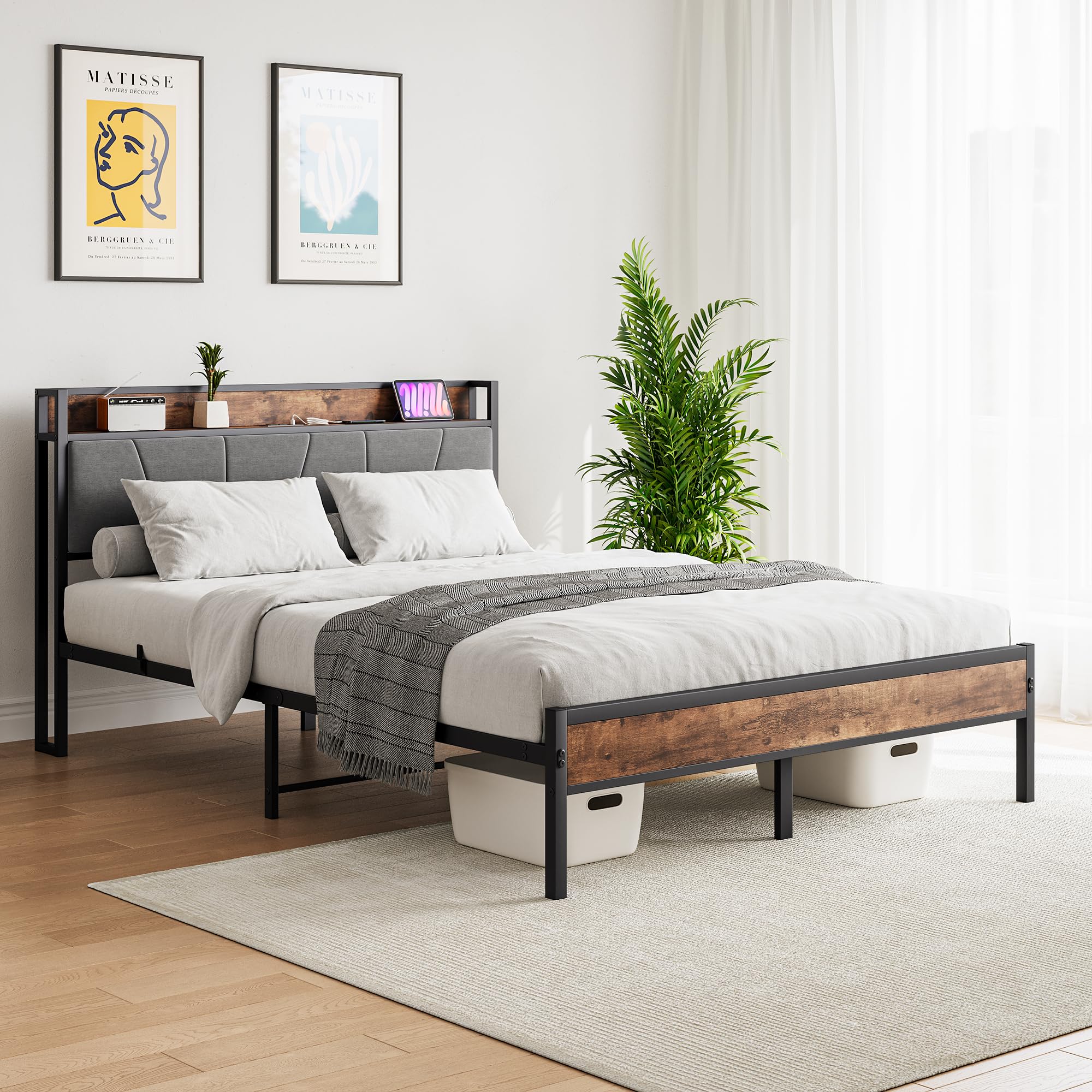 BOFENG Queen Size Bed Frame with Storage Headboard/Charging Station,Heavy Duty Metal Upholstered Platform Bed Frames Queen Size with Storage No Box Spring Needed,Strong Metal Slats,Noise Free,Brown