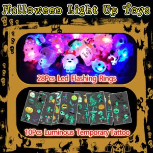 38Pcs Halloween Party Favors for Kids, 3D Light Up Rings Bulk Toys Halloween Treats Non Candy, 28 Led Flashing Rings & 10 Luminous Tattoos, Halloween Goodie Bag Fillers Glow In The Dark Party Supplies