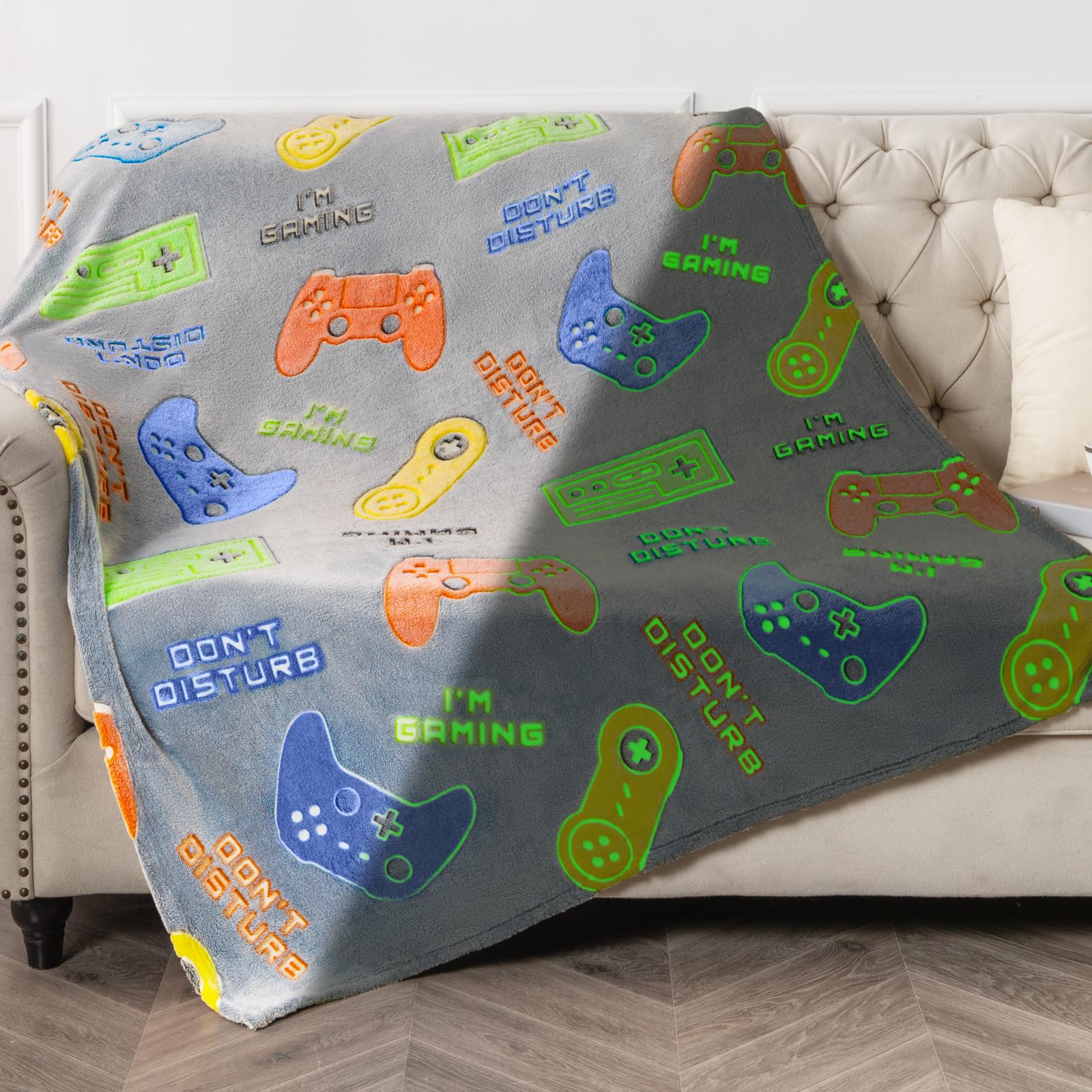 Glow in The Dark Gamer Gaming Blanket Gifts Toys for Kids Boys 1-14 Years Old Birthday Christmas Valentine's Gift Toddler Teens Boyfriends Game Controller Presents Throw Game Room Decor Grey 50"x 60"