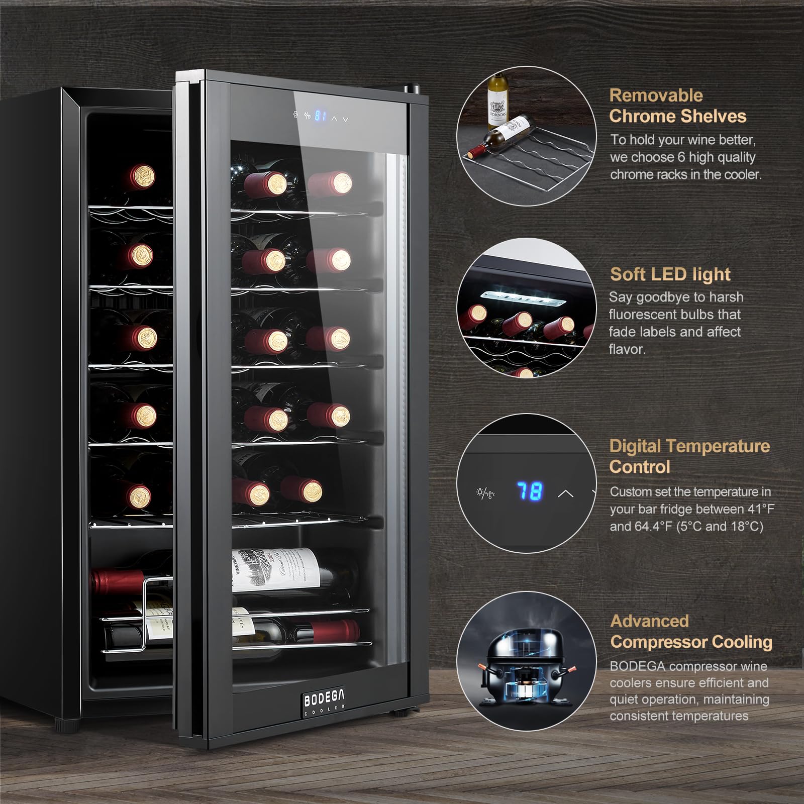 BODEGACOOLER 24 Bottle wine fridge, Compressor Wine Cooler for Red, White or Champagne, Mini Fridge with 41-64.4°F Digital Temperature Control, Wine cooler for home.