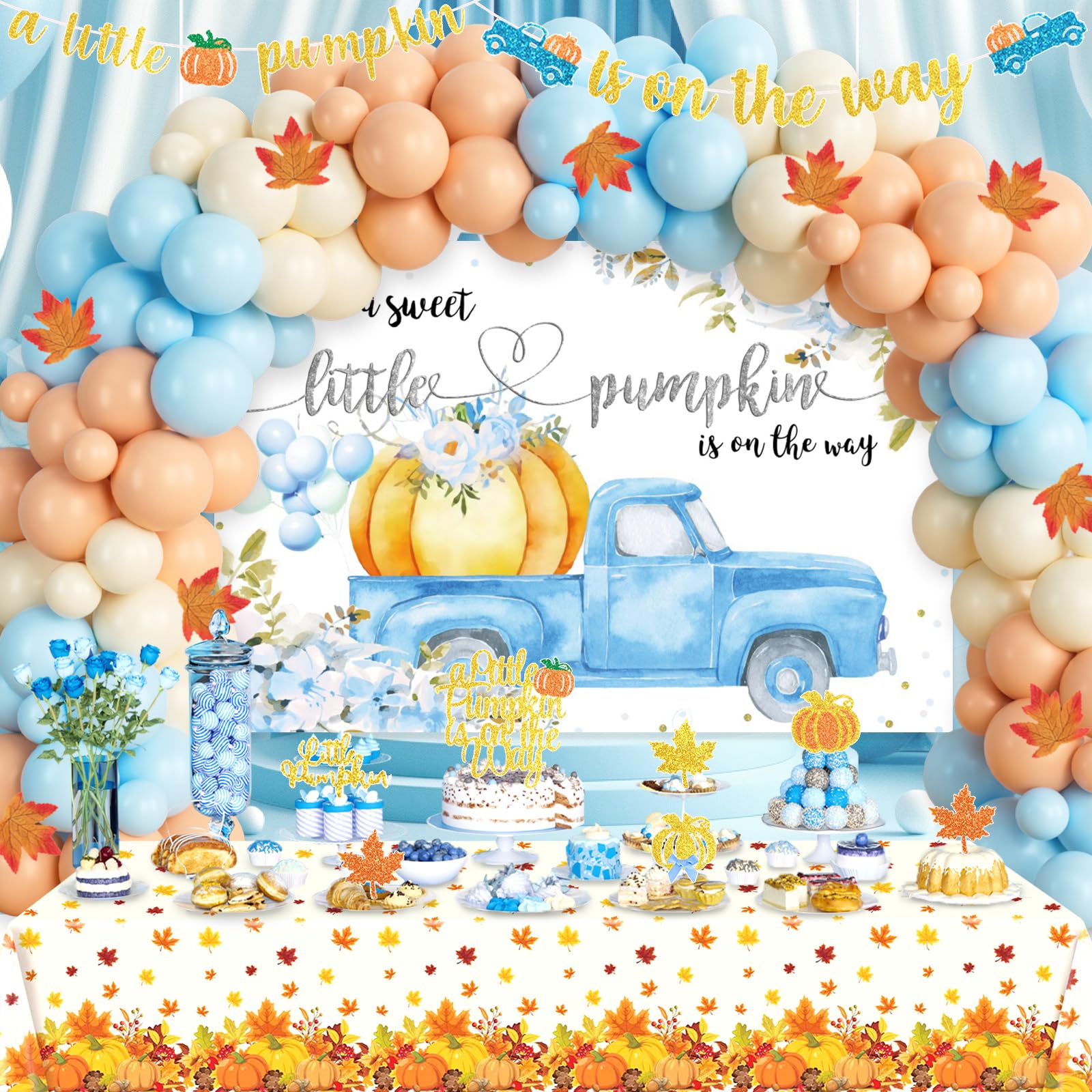 Fiesec Little Pumpkin Baby Shower Decorations for Boy, Thanksgiving Fall Baby Shower Backdrop Balloon Garland Maple Leaf Banner Tablecloth Box Cutout Cake Cupcake Topper Sash Blue Orange 173 PCs