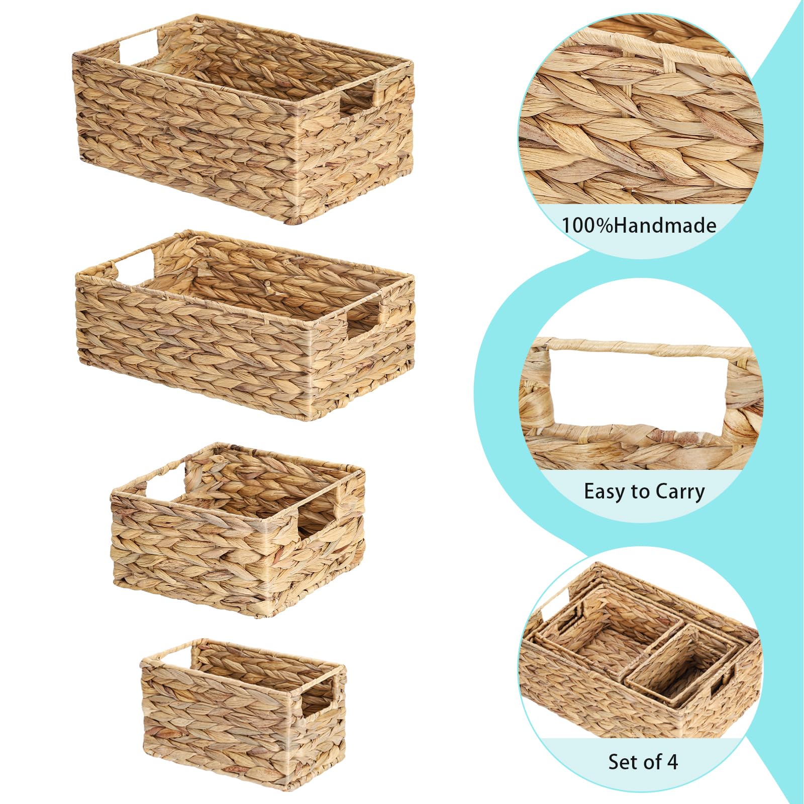 MOOACE Wicker Storage Baskets Set of 4, Water Hyacinth Storage Baskets for Organizing, Woven Storage Basket for Shelves, With Built-In Handles