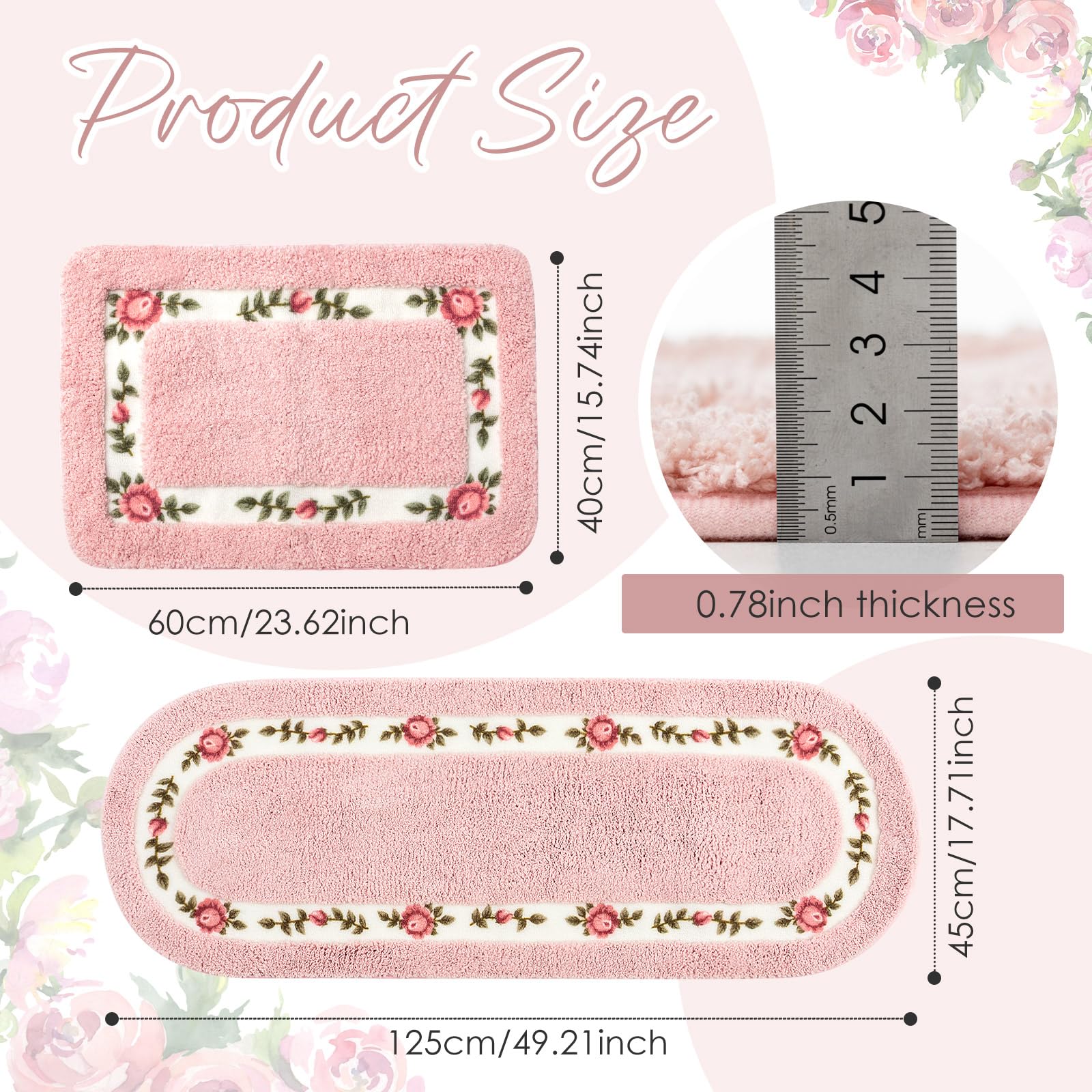 Drydiet 2 Pcs Rose Flowers Coquette Bathroom Rugs Set Coquette Bathroom Bedroom Living Room Decor,Floral Flower Rugs for Bedroom Non Skid Absorbent Romantic Rose Flower Area Rugs 2 Shapes(Pink,Small)