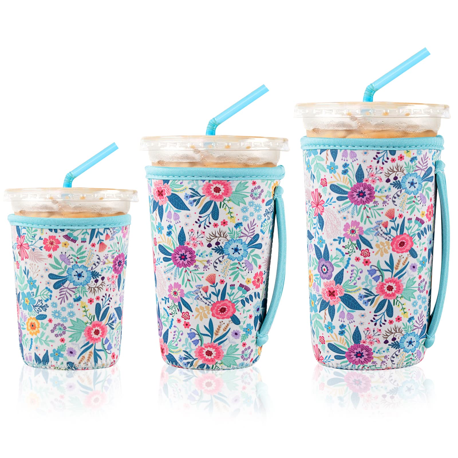 3 Reusable Iced Coffee Sleeves for Iced Coffee Cups or Drinks Reusable Neoprene Insulated Sleeves for Hot and Cold Drinks from Starbucks, Dunkin, And More (White Flower Bush)