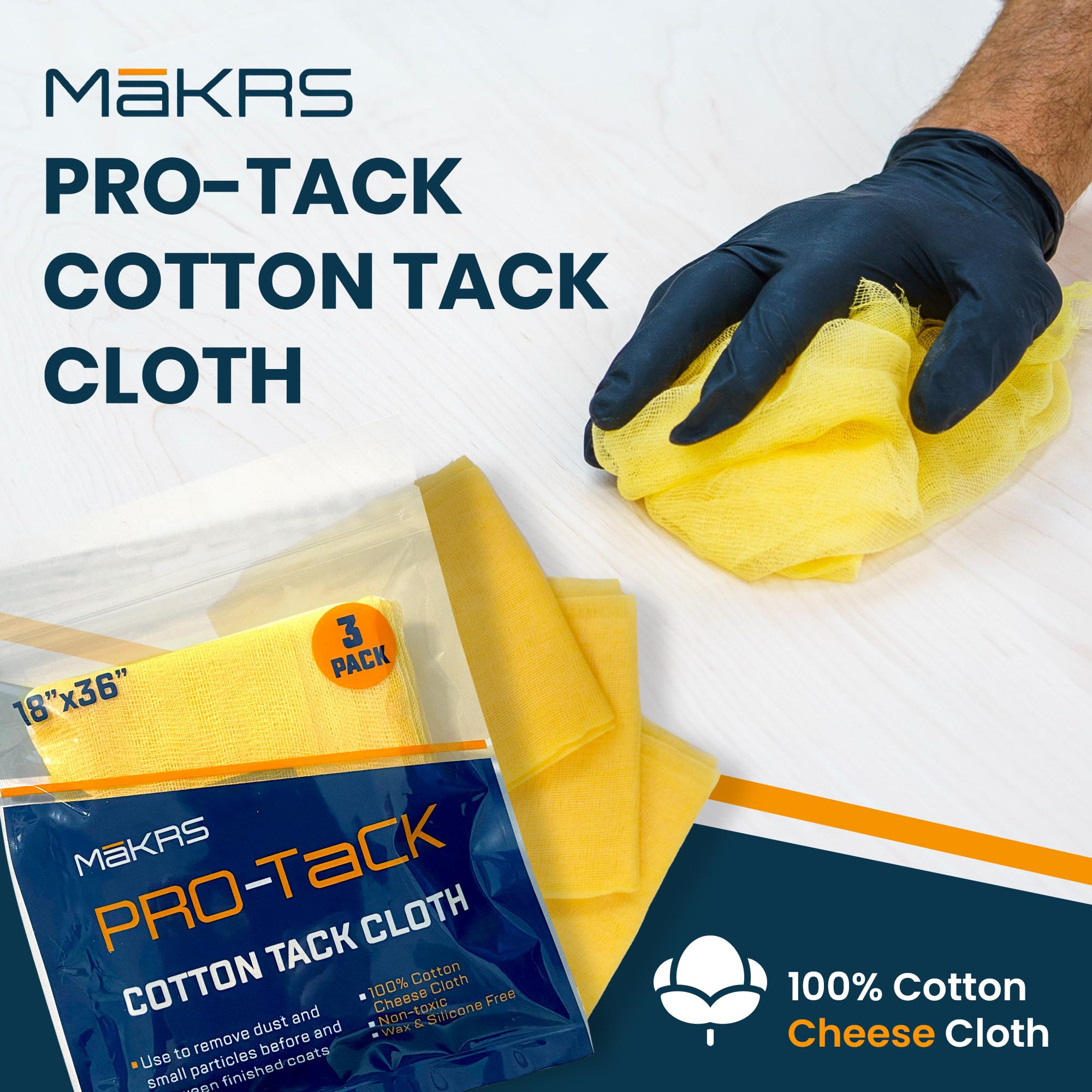 MāKRS - Pro-Tack Tack Cloth, (Pack of 3) Tack Rags, Tack Cloths for Removing Dust and Particles, Tack Cloth Woodworking, Painting, and Varnishing, Wax and Silicone Free, Anti-Static, 18" x 36"