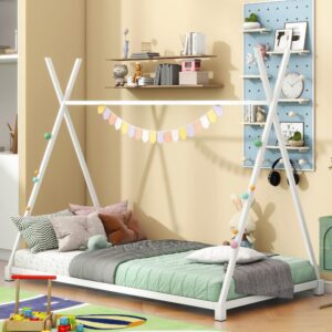 harper & bright designs twin floor bed for kids, montessori bed, playhouse bed frame, twin tent complete bed, metal floor twin bed for kids, boys, girls, no box spring needed (white, twin)