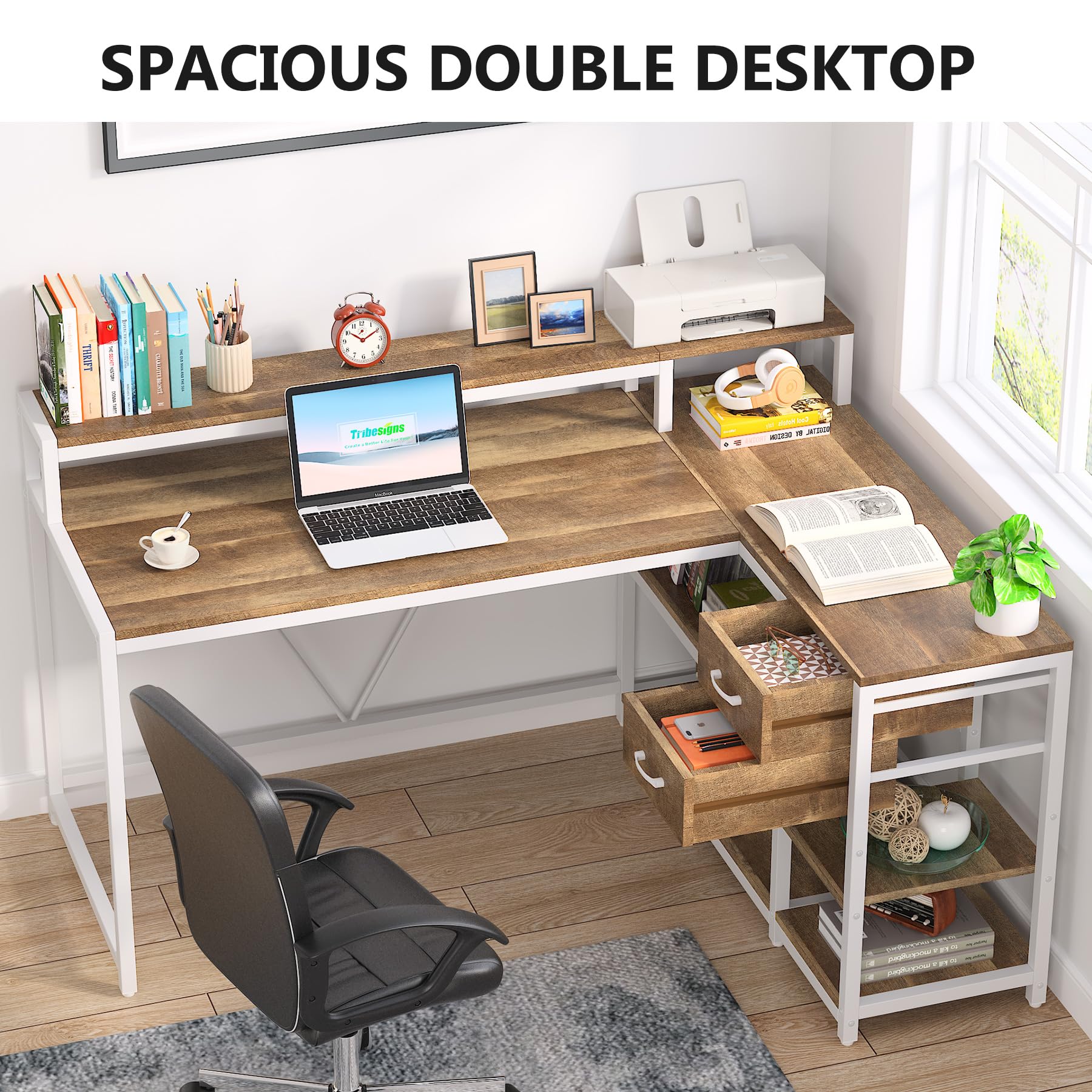 Tribesigns Reversible 55-inch L Shaped Desk with Drawer, Modern L Corner Desk Home Office Table with Storage Shelves and Monitor Stand, Rustic Wooden and Metal PC Table for Small Space (Oak)